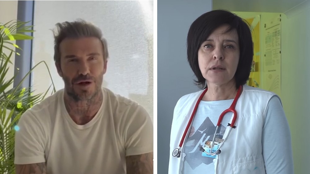 Colaj cu o imagine cu David Beckham din video-ul în care spne că și-a predat contul de Instagram și o altă imagine cu doctorița ucraineană