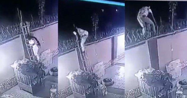 Colaj cu trei imagini cu o femeie care încearcă să sară gardul noaptea