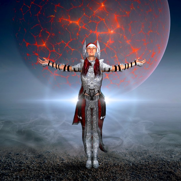 Ilustrație cu un personaj feminin care stă în fața unei planete