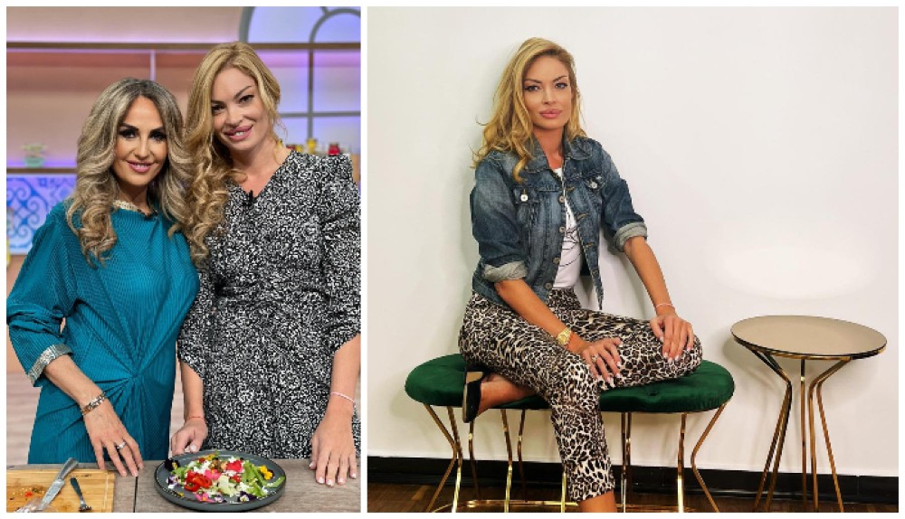 Colaj cu o imagine Valentina Pelinel în emisiune la Kanald și o imagine cu Valentina Pelinel în timp ce stă pe un scaun