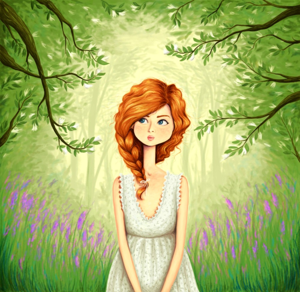 Ilustrație cu un personaj feminin în pădure, printre copaci