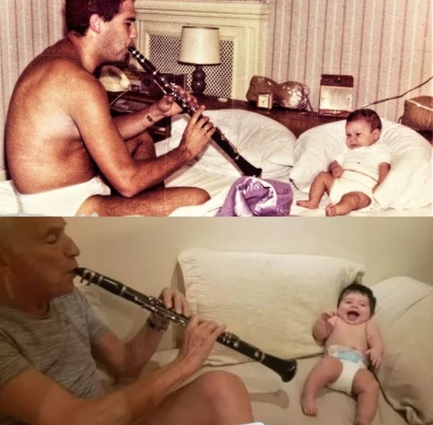 Imagine cu Alberto Cormillot în timp ce cântă la clarinet lângă copilul său
