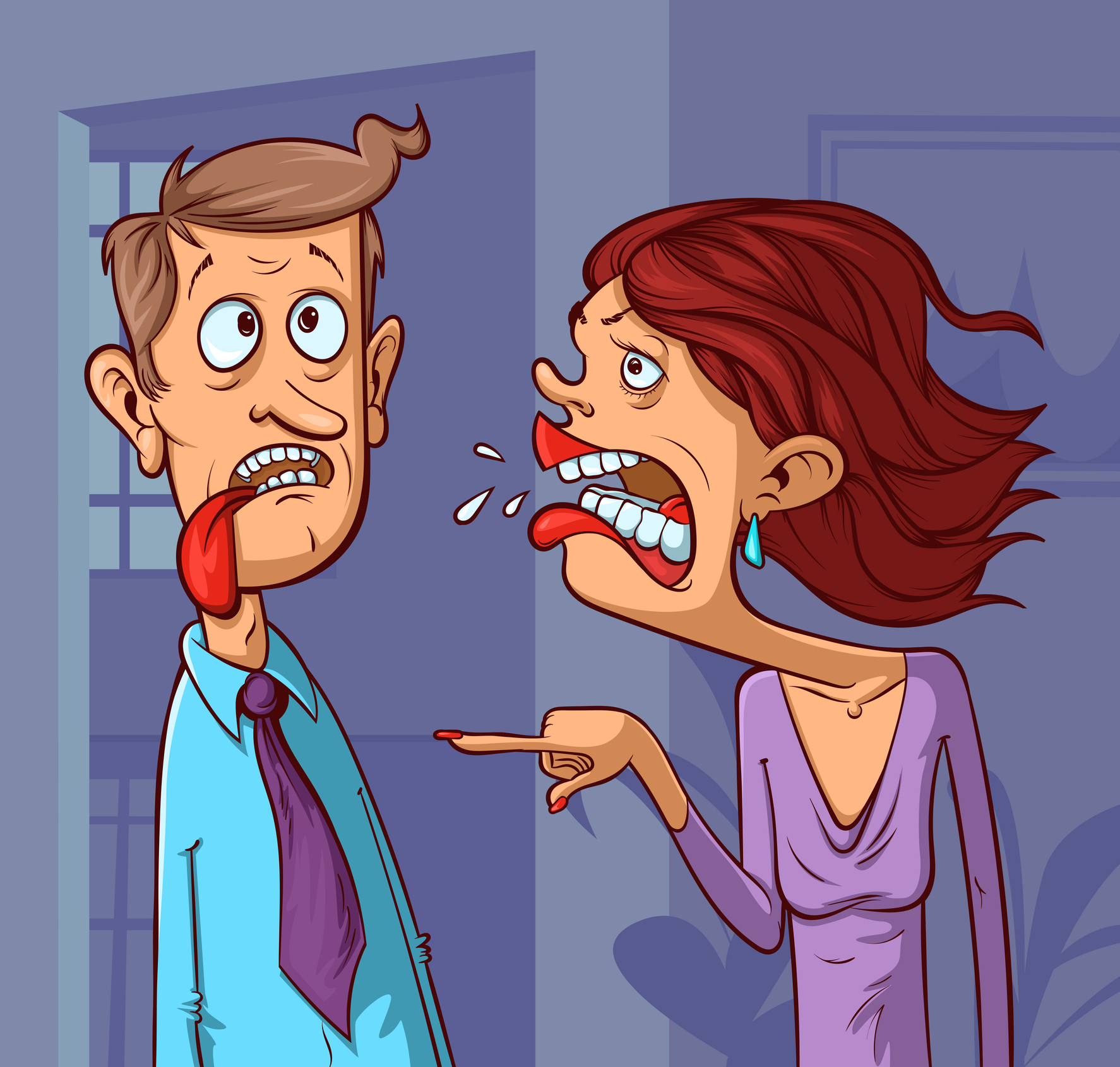 ilustratie cu un barbat si o femeie, el scoate limba in timp ce ea tipa