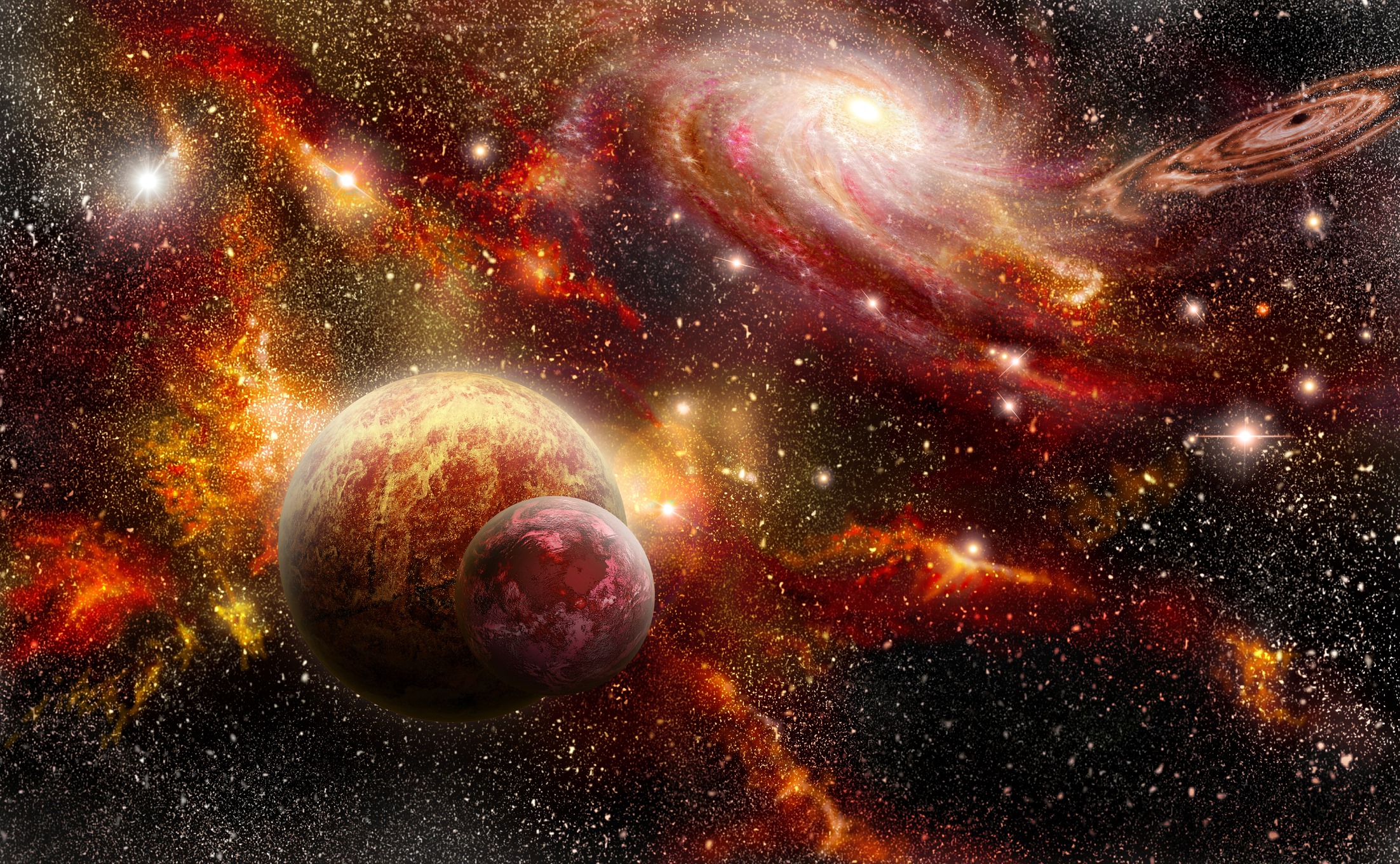 doua planete in galarie, alaturi de corpuri ceresti luminoase, imagine furnizata de NASA