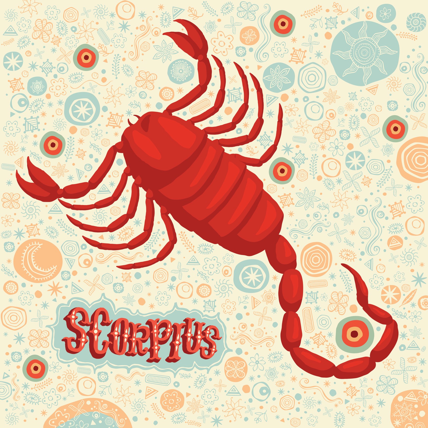 ilustratie zodia scorpion, pe un fundal colorat, cu figuri geometrice
