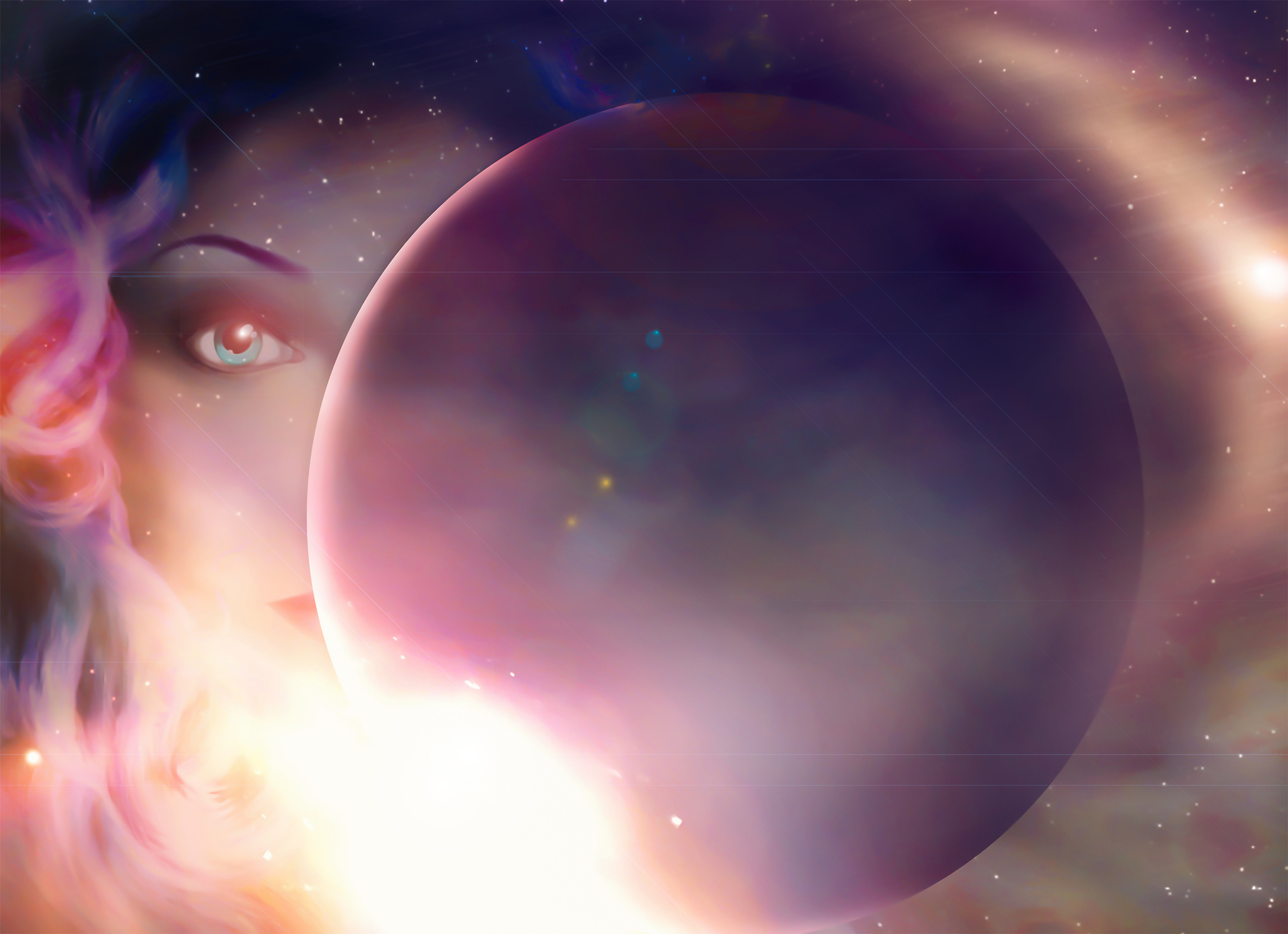 planeta in galaxie, in dreapta un chip de femeie cu parul roz, pe un fundal cu stele