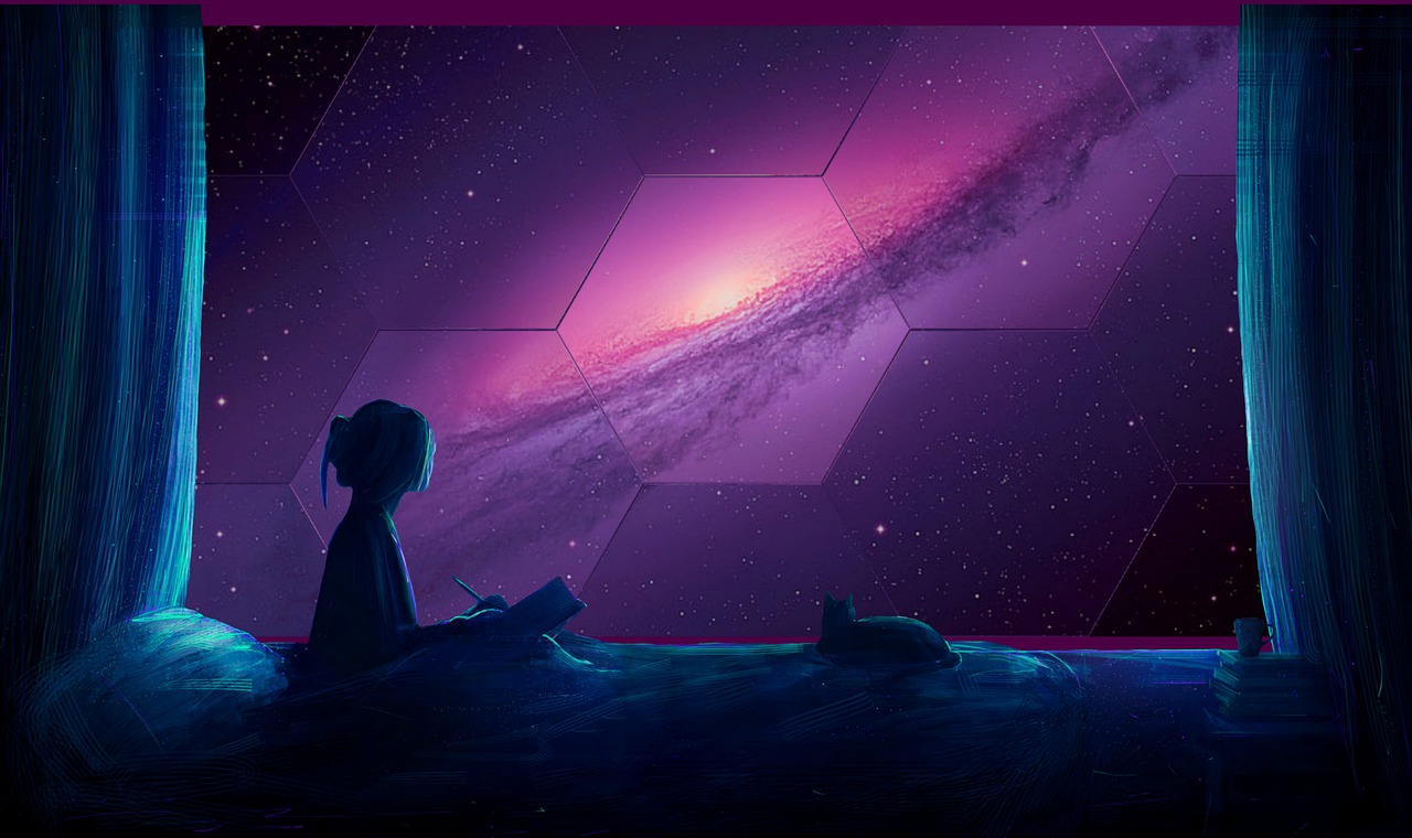 ilustratie cu o femeie care priveste un peisaj galatic, in timp ce ia notite intr-un carnet