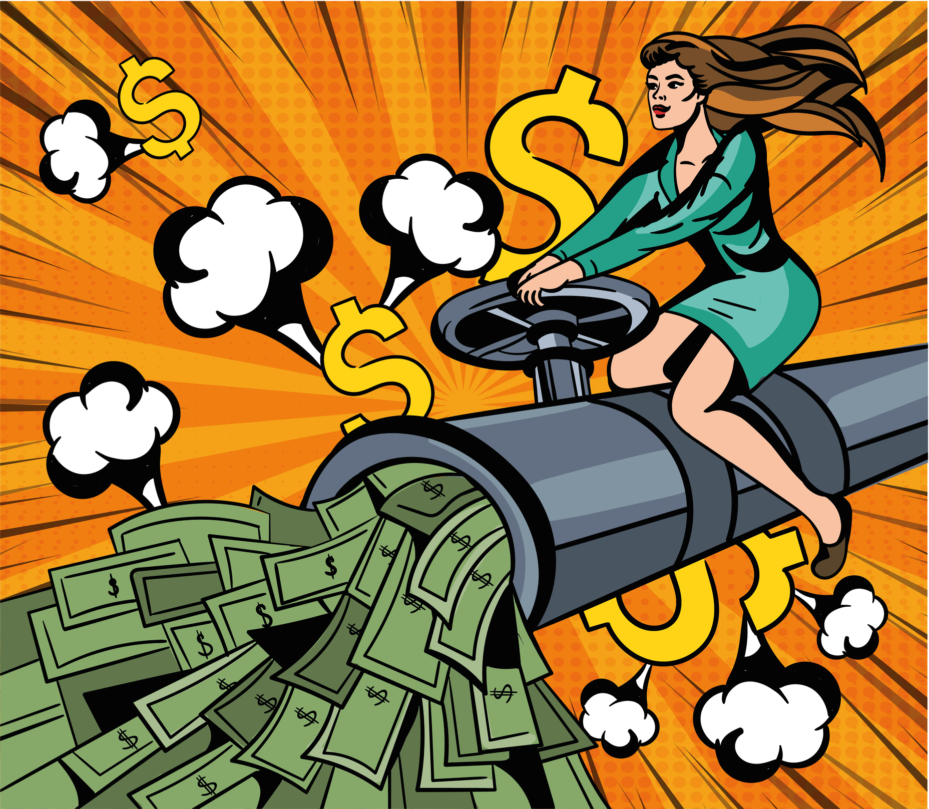 ilustratie cu o femeie care sta pe un tun si tine in mana un volan, in timp ce ies bani