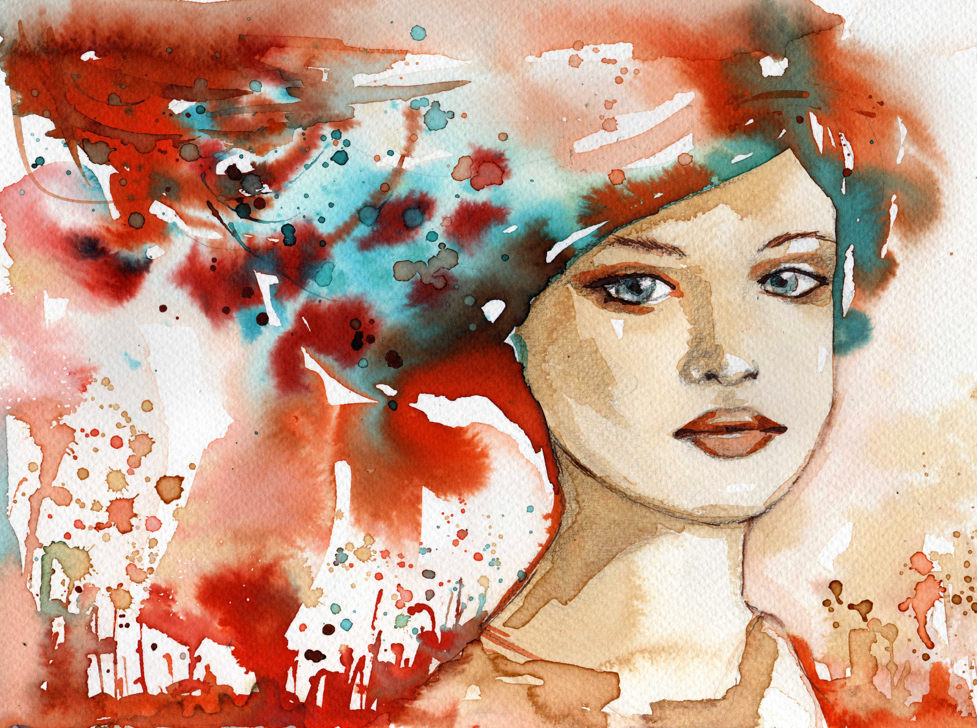  ilustratie cu o femeie care priveste fix in fata, iar in partea de sus a capului are linii si flori pictate in diverse culori