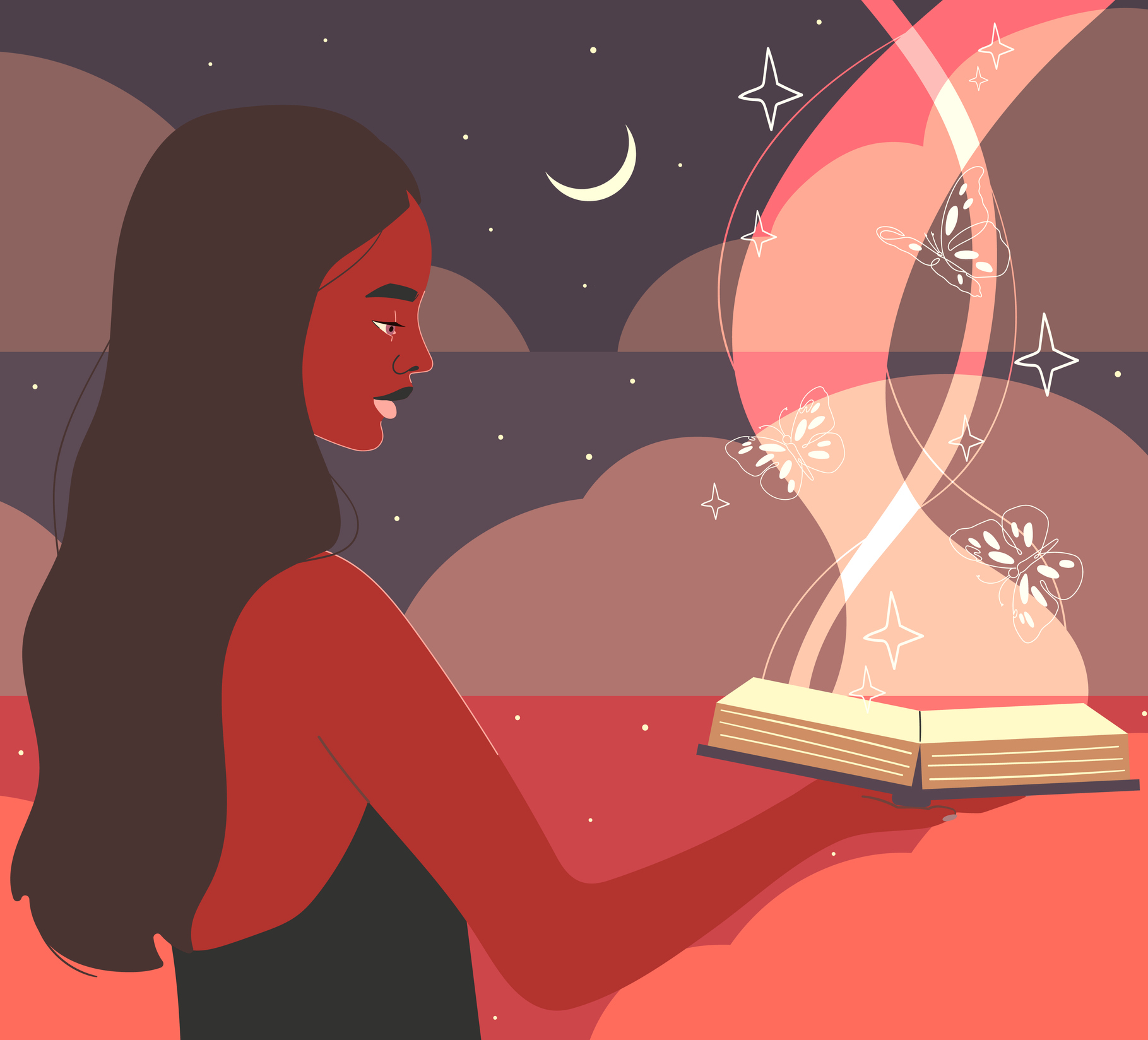 ilustratie cu o femeie din profil, ce se uita in jos si tine in mana o carte deschisa, in zare se observa semi-luna