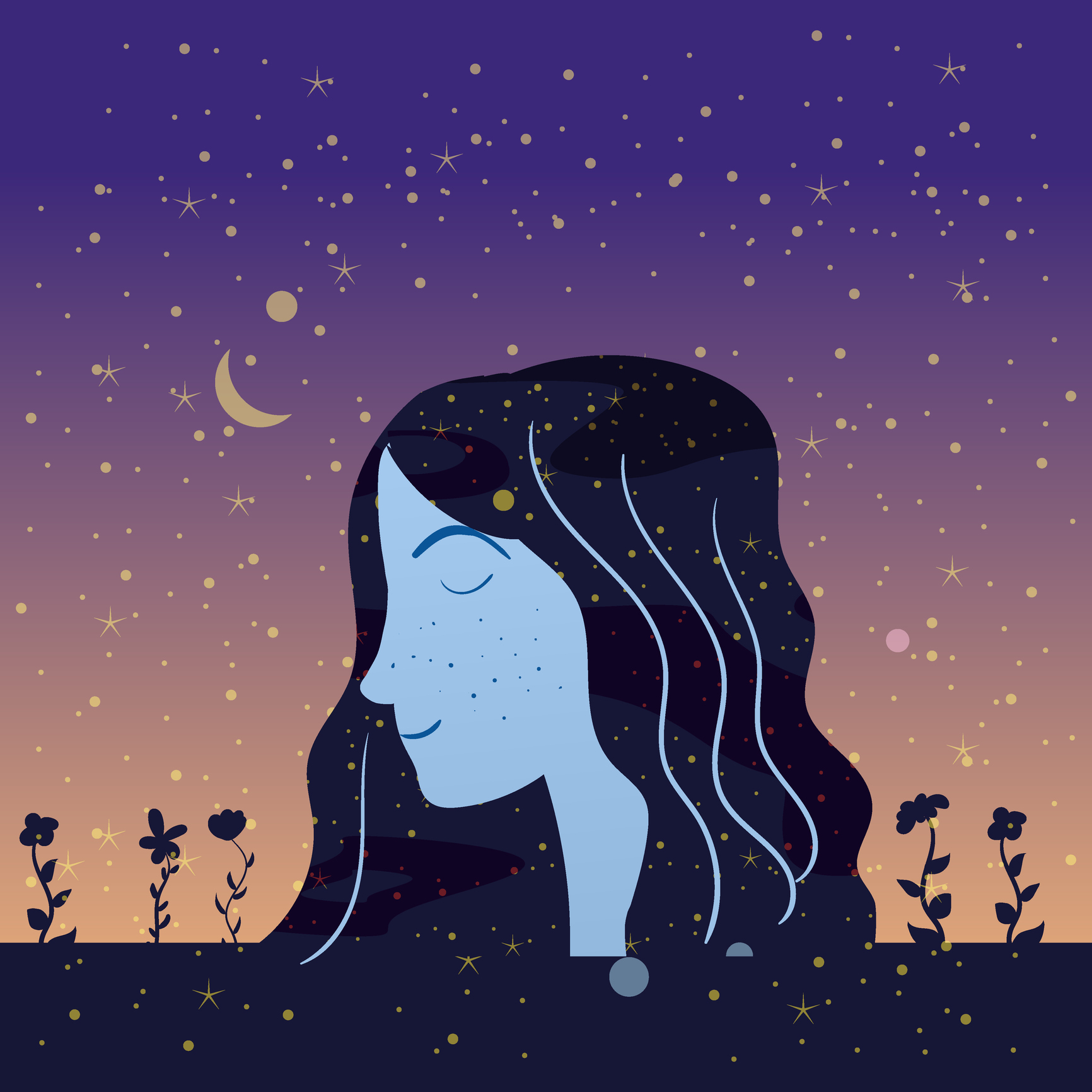 ilustratie cu un cap de femeie dintr-o parte, cu ochii inchisi si parul lung, pe un fundal cu semi luna si stele