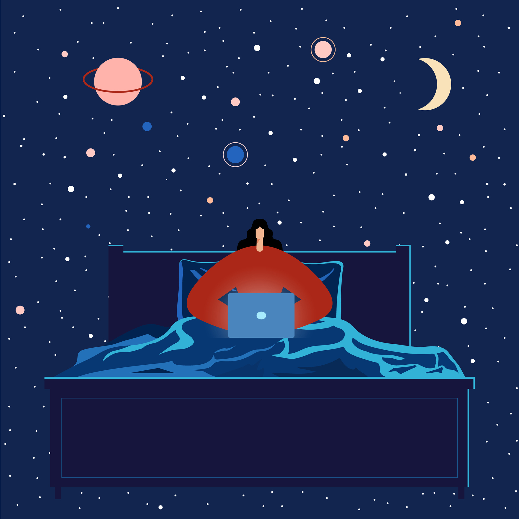 ilustratie cu o femeie care sta asezata in pat, cu laptopul pe genunchi, pe un fundal cu luna si stele
