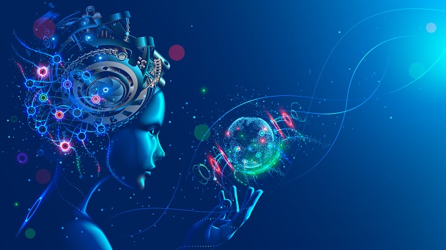 ilustratie cu o femeie bionica din profil ce tine in mana o sfera luminoasa, pe un fundal albastru
