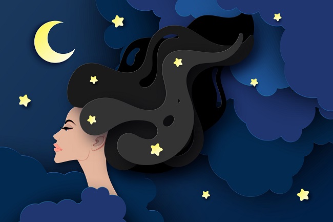 ilustratie cu o femeie din profil, cu parul lung si brunet, pe un fundal cu luna si stele