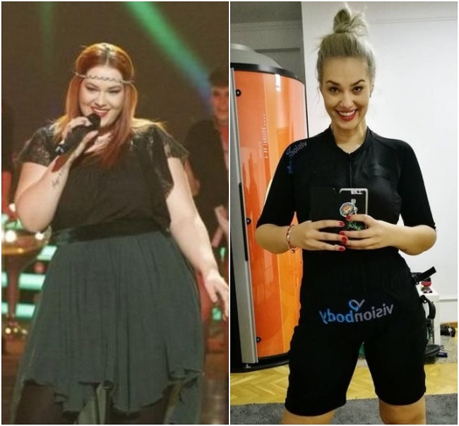 colaj de imagini cu feli, in timp ce e pe scena de la vocea romaniei si dupa ce a slabit 30 de kilograme