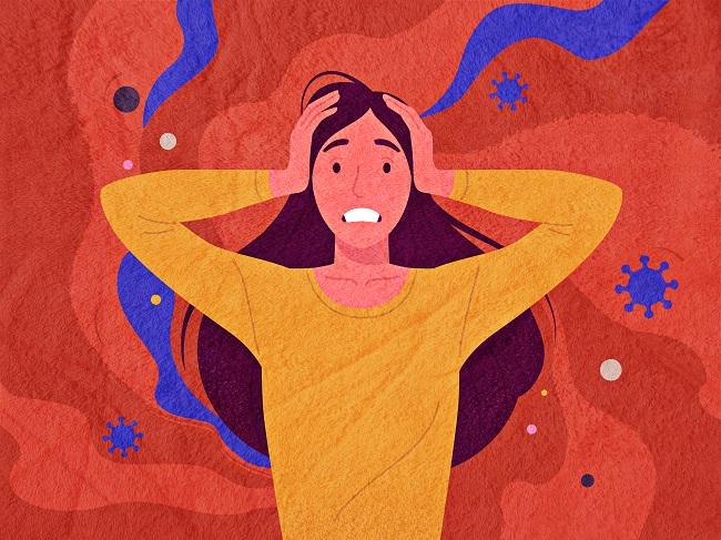 Ilustratie cu o femeie stresata, ce isi tine mainile pe cap, pe un fundal portocaliu cu dungi albastre
