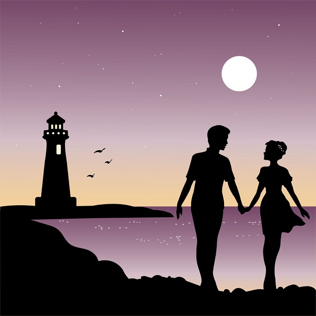 ilustratie cu un barbat si o femeie care se plimba de mana pe malul marii, sub clar de luna plina