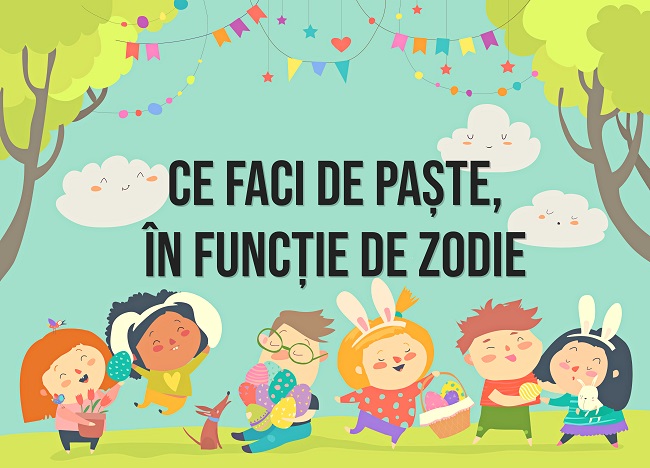  ilustratie cu un cadrul natural si copii costumati de Paste ce tin in mana oua colorate si iepurasi de plus