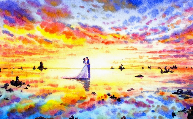 ilustratie cu un cuplu care sta imbratisat, intr-un decor colorat pe malul unui lac