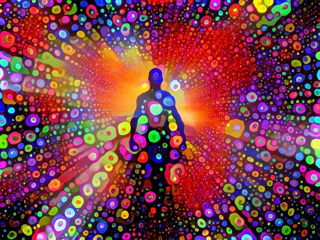 ilustratie cu o silueta de om din spate, inconjurat de mai multe cercuri colorate