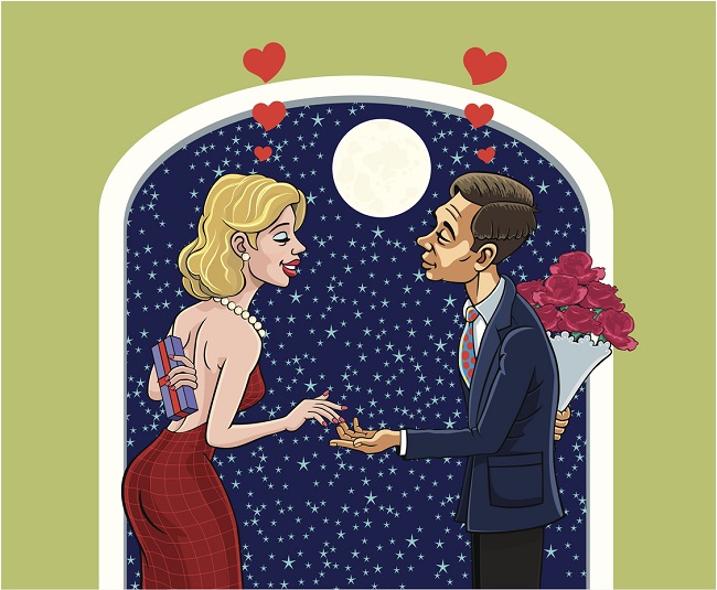 ilustratie cu o femeie care tine un cadou in spate si tine de mana un barbat care are un buchet de flori la spate
