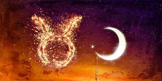 ilustratie cu o semi-luna si un semnul zodiacal al taurului in flacari, pe un fundal cosmic