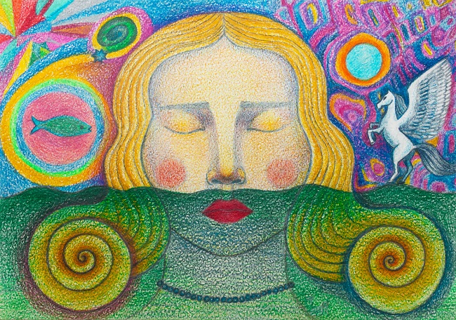ilustratie cu un cap de femeie cu ochii inchisi, inconjurata de figuri colorate ce reprezinta un peste si un cal cu aripi