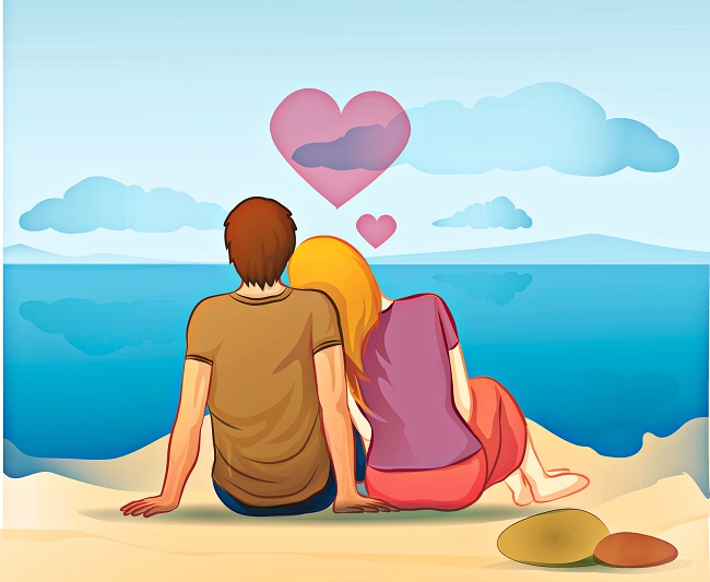 ilustratie cu doi indragostiti care stau aproape unul de celaltalt, pe plaja, pe malul marii