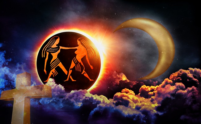 ilustratie cu simbolul gemenilor in astrologie, eclipsa de soare si luna noua, in ziua inaltarii