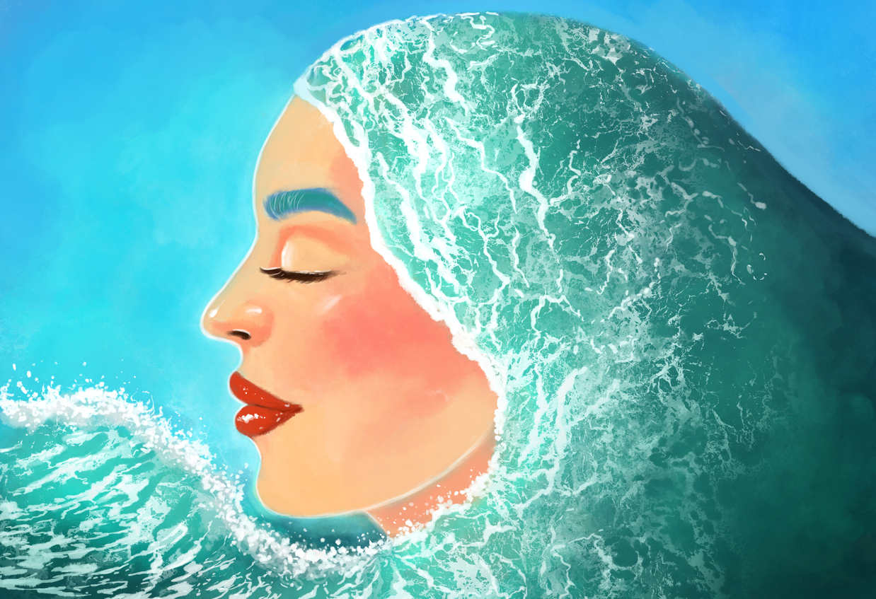 ilustratie cu o femeie surprinsa din profil, cu ochii inchisi si care are parul reprezentat de marea inspumata