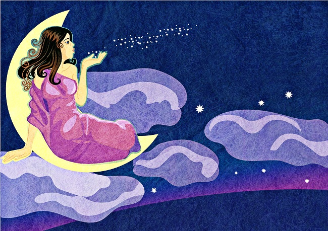 o femeie sta asezata pe o semiluna, poarta o rochie lunga si roz si sufla obiecte stralucitoare catre cer