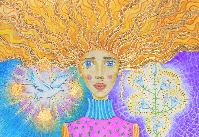 o ilustratie cu o femeie cu par lung si auriu, ce are de-o parte un porumbel cu aripile intinse, iar pe de alta o floare albastra