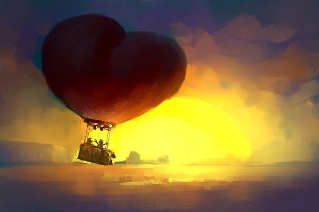 ilustratie cu doua persoane intr-un balon cu aer cald, in forma de inima, in fundal se vede rasaritul soarelui