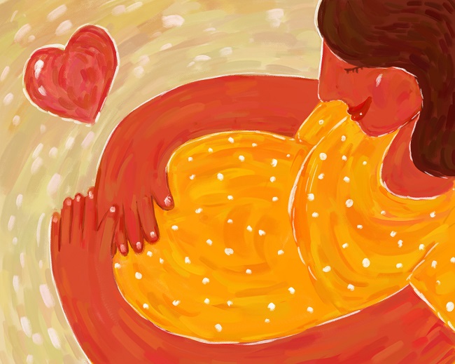 ilustratie cu o femeie bruneta care isi cuprinde burtica de gravida cu mainile, alaturi este o inima rosie