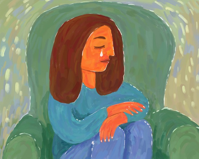 ilustratie cu o femeie surprinsa din profil, ce sta așezata pe scaun si plange