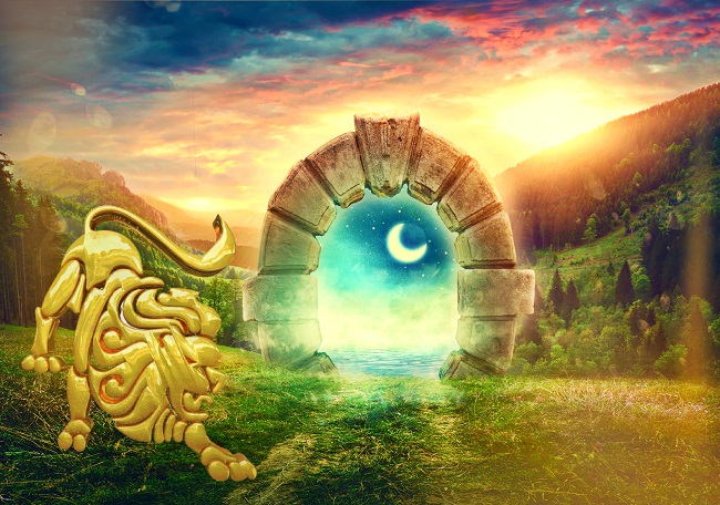 ilustratie cu o poarta mistica luminoasa, in care se zareste semiluna, iar alaturi este un leu aurit