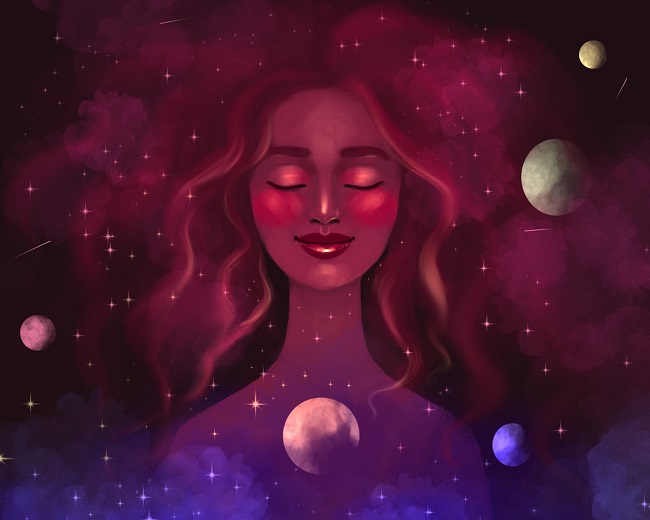 ilustratie cu o femeie care sta cu ochii inchisi si zambeste subtil, este inconjurata de stele si planete