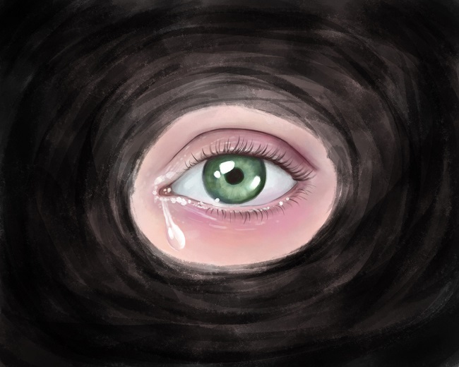 ilustratie cu un ochi verde, cu o lacrima care curge, intr-o gaura intunecata