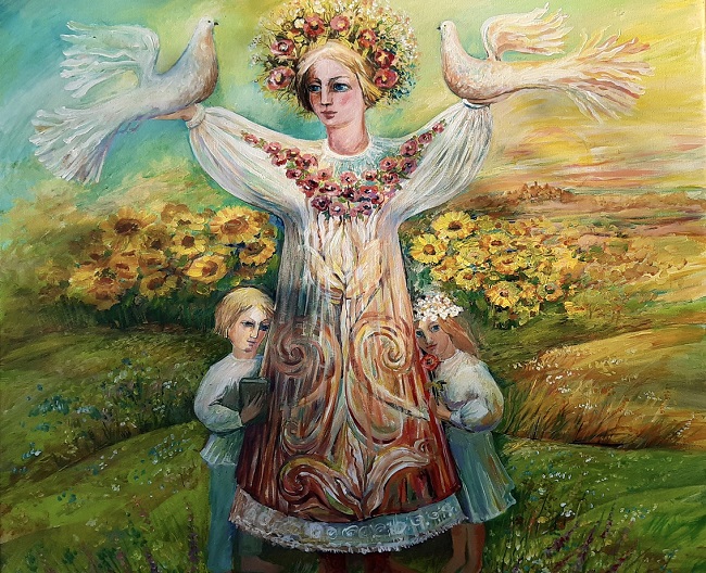 ilustratie cu o femeie care tine doi porumbei in maini, alaturi de doi copii, intr-un peisaj cu flori si iarba