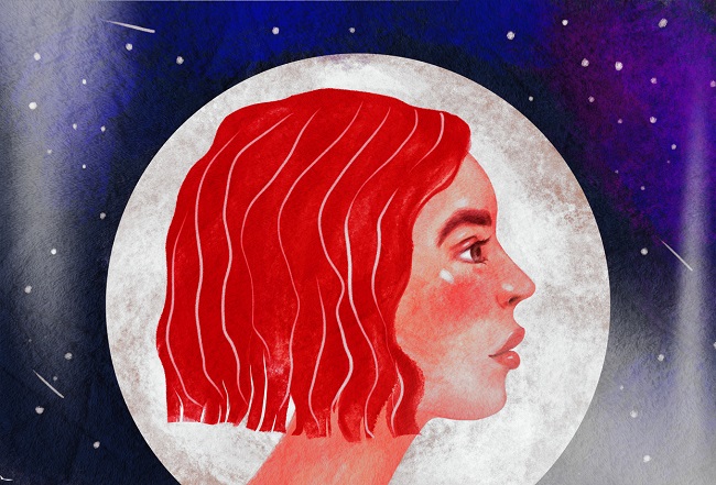 ilustratie cu o femeie roscata care are luna plina in fundal si este surprinsa din profil