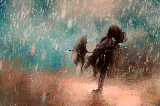ilustratie cu doi indragostiti care se imbratiseaza si saruta in ploaie si tin in maini o umbrela