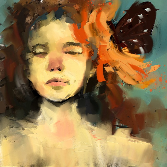 ilustratie cu o femeie cu ochii inchisi si parul portocaliu