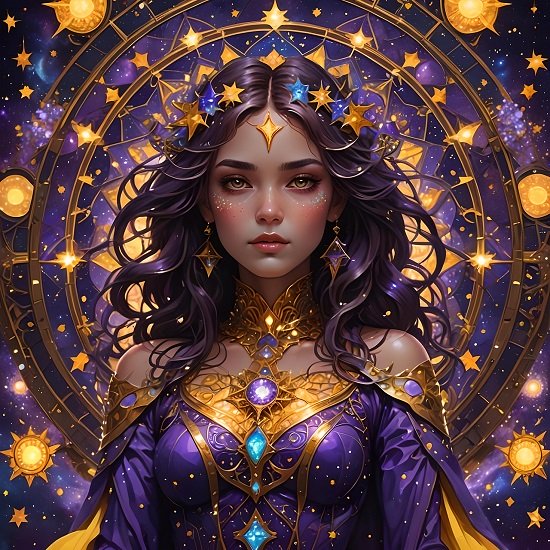 imagine generata AI, printesa imbracata in tinuta violet si purtand bijuterii aurii