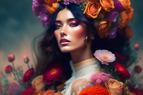 ilustratie generata AI femeie frumoasa avand flori pe cap