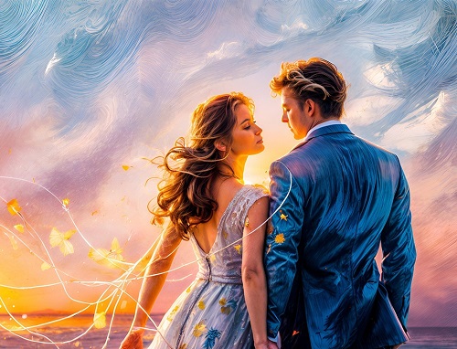 ilustratie generata AI, cuplu tanar intr-o ipostaza romantica la malul marii