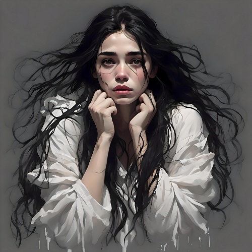 ilustratie generata AI, femeie tanara bruneta si speriata