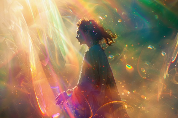 ilustratie generata AI, femeie tanara care se scalda in lumina multicolora a unei aure