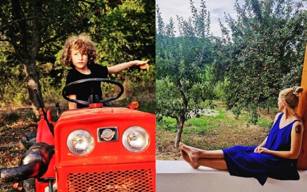 Kadri, fiul cel mic al lui Dragos Bucur si al Danei Nalbaru plimbandu-se intr-un tractor rosu si Dana Nalbaru relaxandu-se pe terasa in casa de la țară
