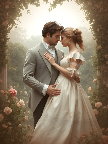 ilustratie generata AI cuplu tanar moment romantic printre trandafiri