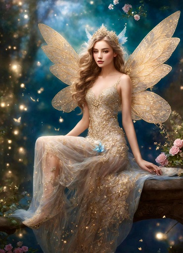 ilustratie generata AI zana cu aripi purtand o rochie diafana, crem cu auriu